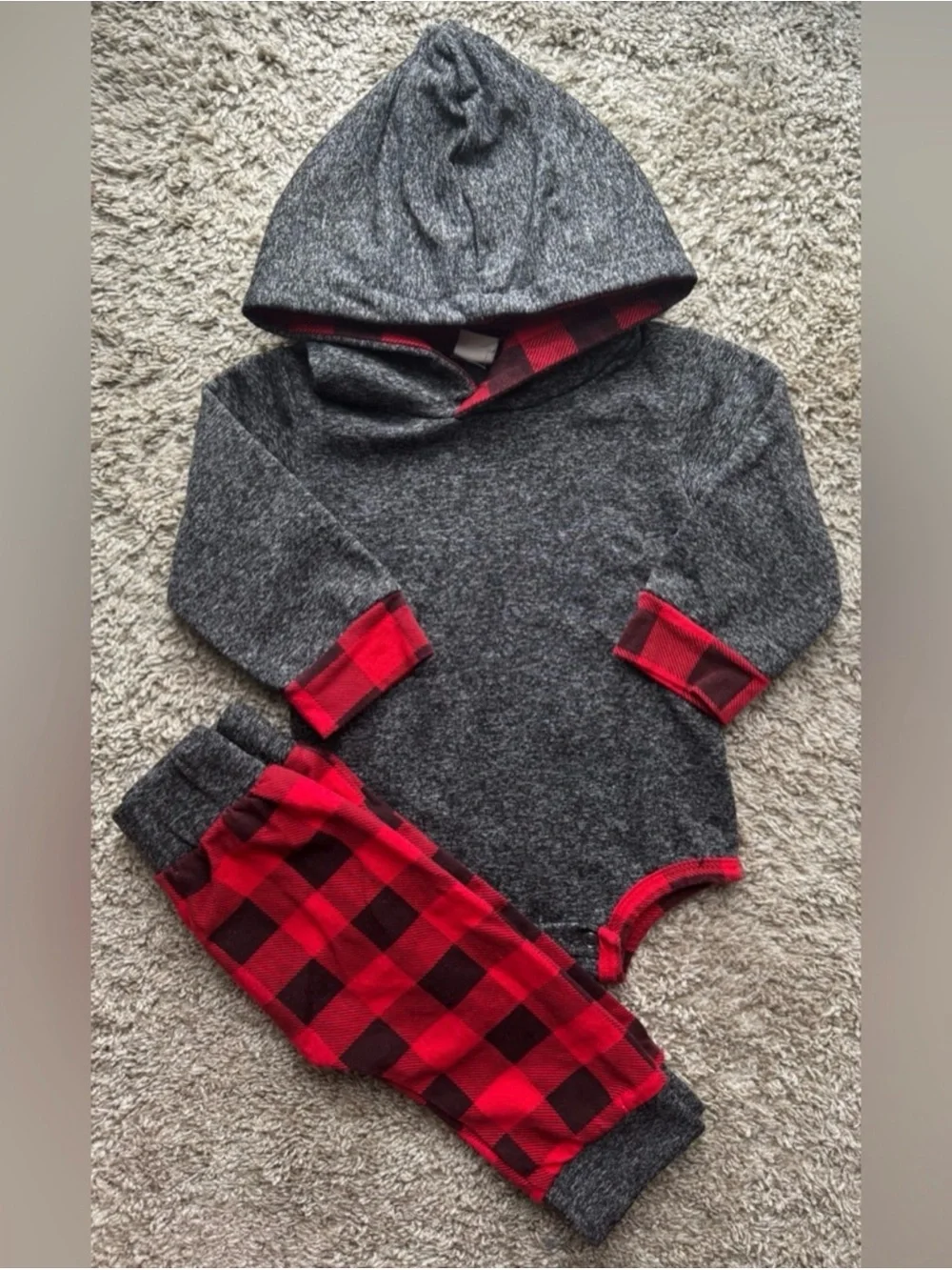 Baby Buffalo Plaid Hooded Romper & Pants Set Gray Red 2 Piece Outfit Size 6-9M